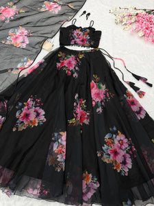 Floral organza silk black Lehenga