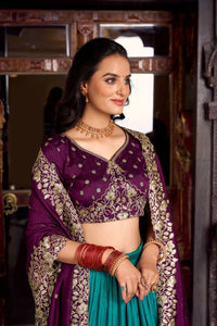 Tussar silk traditional Lehenga multi floral border in firozi (skirt stitched)