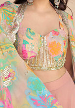 Embroidered chinon silk palazzo set in peachy pink