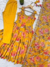Yellow floral print kali cut anarkali suit