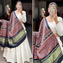 Exquisite white Lehenga with gaji silk dupatta (ajrakh print)