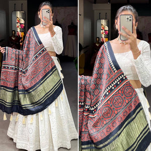 Exquisite white Lehenga with gaji silk dupatta (ajrakh print)