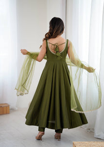 Roman chanderi silk anarkali set in Mehendi green (sleeves available)