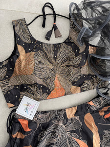 Boutique collection - black and orange floral Lehenga with ruffle dupatta (long sleeves attached)