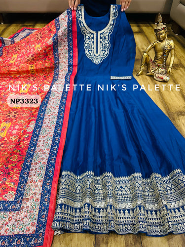 Niks collection - blue modal chanderi silk anarkali (plus size option)