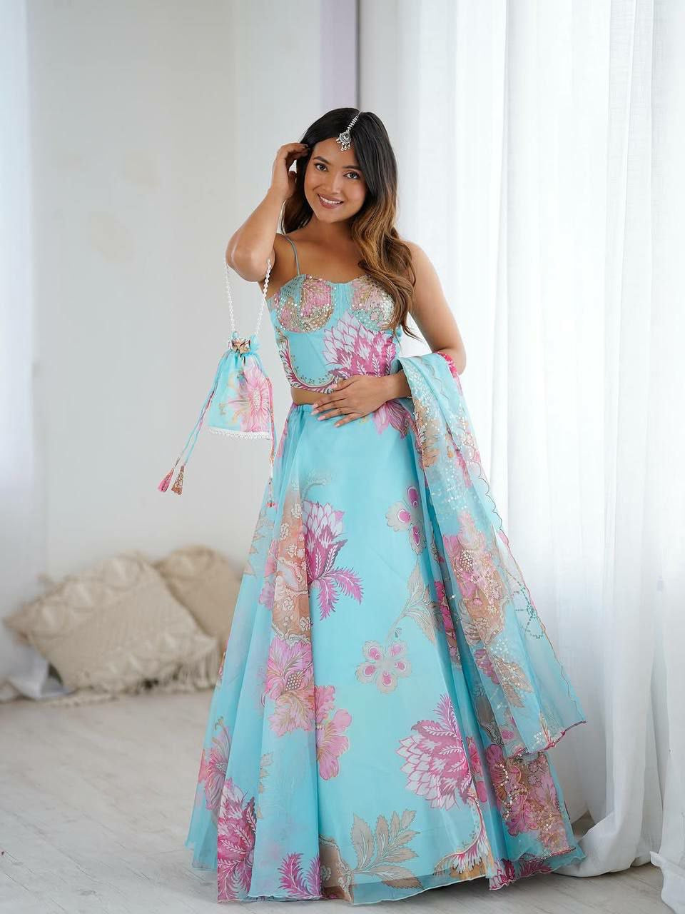 Light blue corset style floral Lehenga