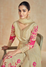 Beige gold center slit floral silk anarkali