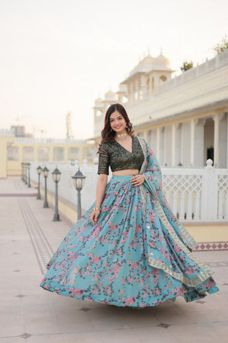 Blue floral printed Russian silk Lehenga (skirt stitched)