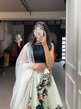 Indo western style - White zari satin digital print Lehenga (black blouse piece)