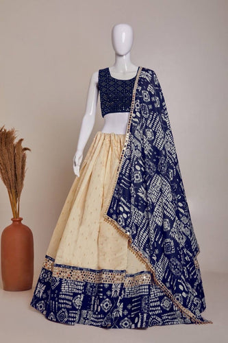 Off white jacquard silk and mirror work Lehenga in blue