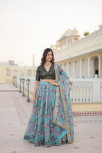 Blue floral printed Russian silk Lehenga (skirt stitched)
