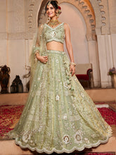 Pista Green Embroidered tissue fabric Lehenga