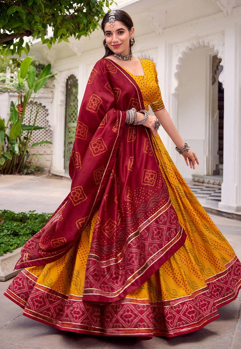 (Tussar silk bandhej print Lehenga in mustard (skirt stitched)