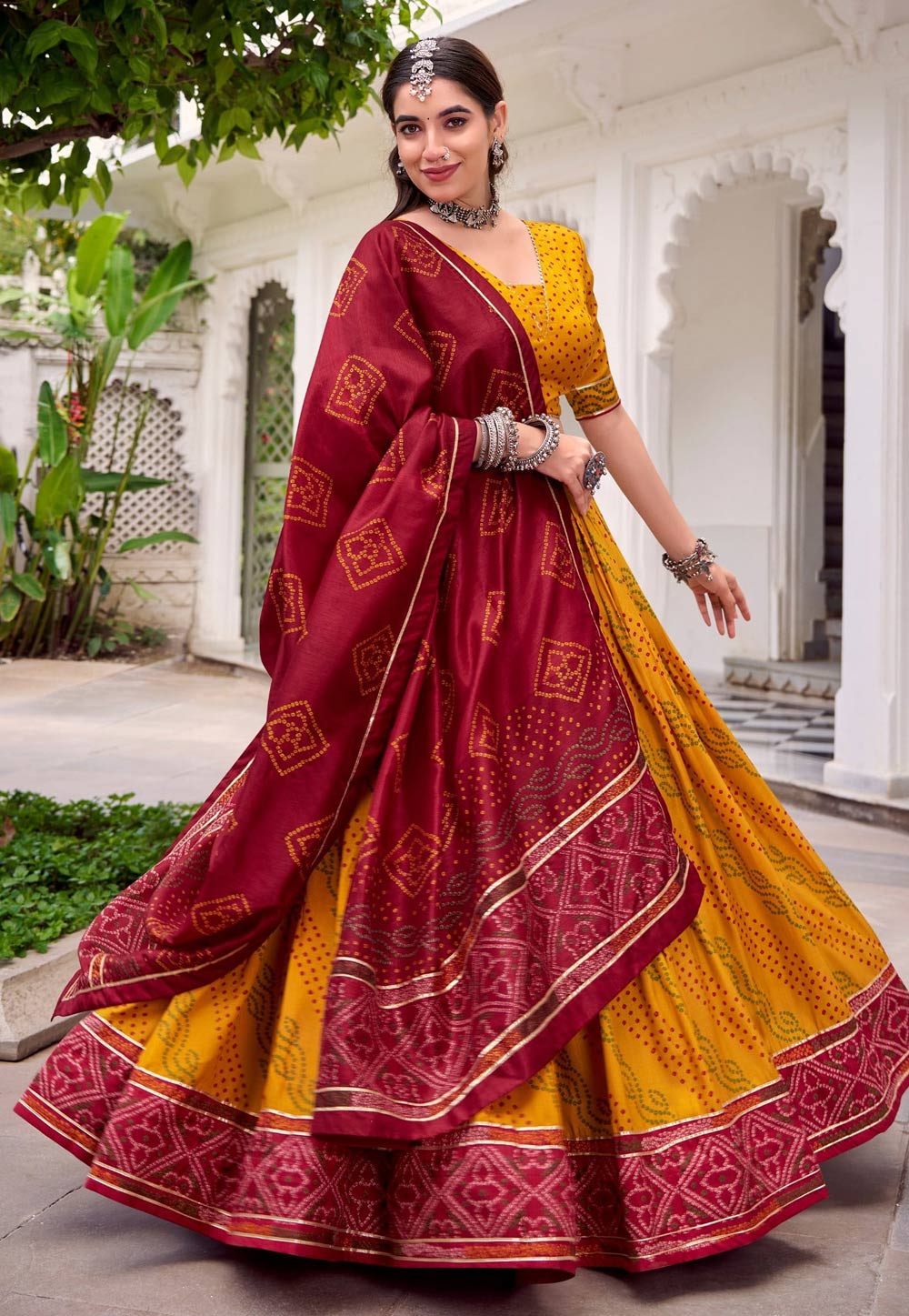(Tussar silk bandhej print Lehenga in mustard (skirt stitched)