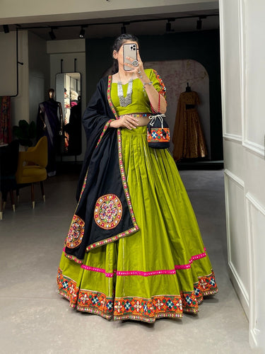 Parrot green pure cotton readymade Lehenga