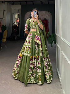 Rayon and printed silk Lehenga choli in mehendi green - readymade