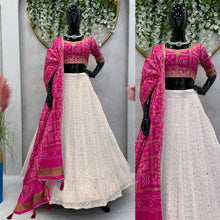 White and pink bandhani lehenga