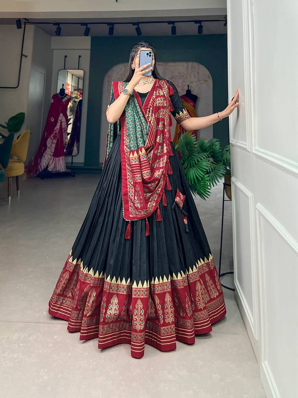 Tussar silk in timeless grace Lehenga in black