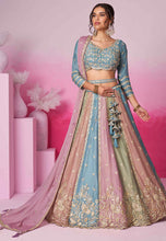 Multicoloured chiffon embroidered panelled turquoise Lehenga