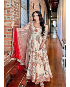 Off white and red toned florals readymade anarkali
