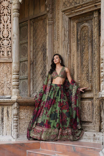 Floral shaded organza silk lehenga in green