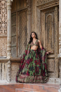 Floral shaded organza silk lehenga in green