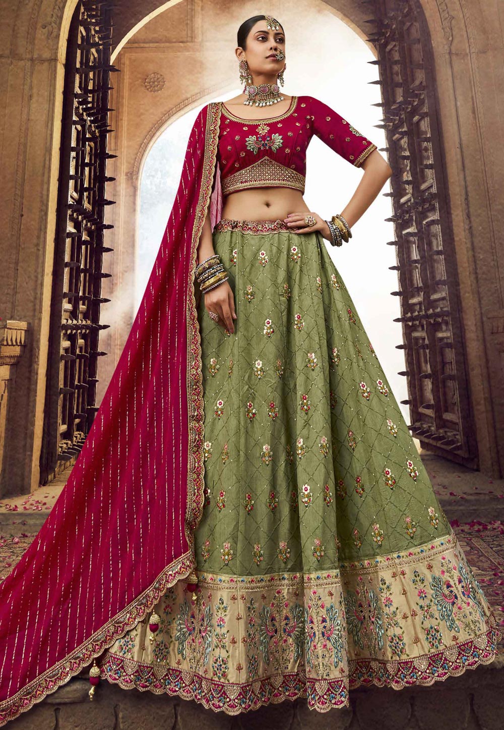 Green viscose Lehenga with gorgeous contrasting blouse