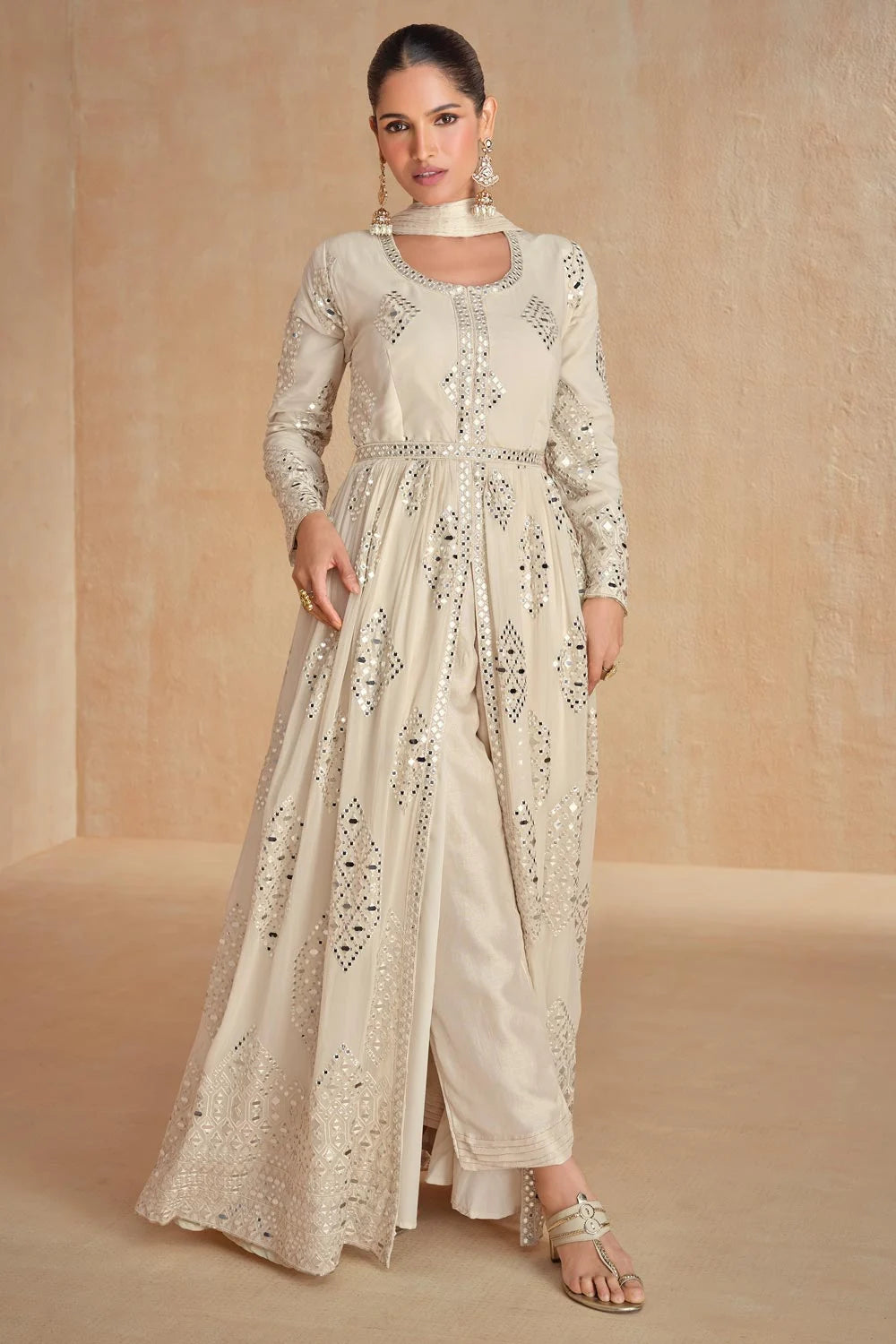 Ivory front slit Anarkali with belt