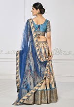 Beige and baby blue  peacock print silk timeless ethnic Lehenga