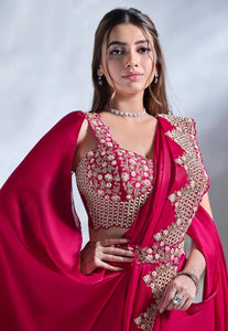 One minute designer saree - magenta crepe silk saree