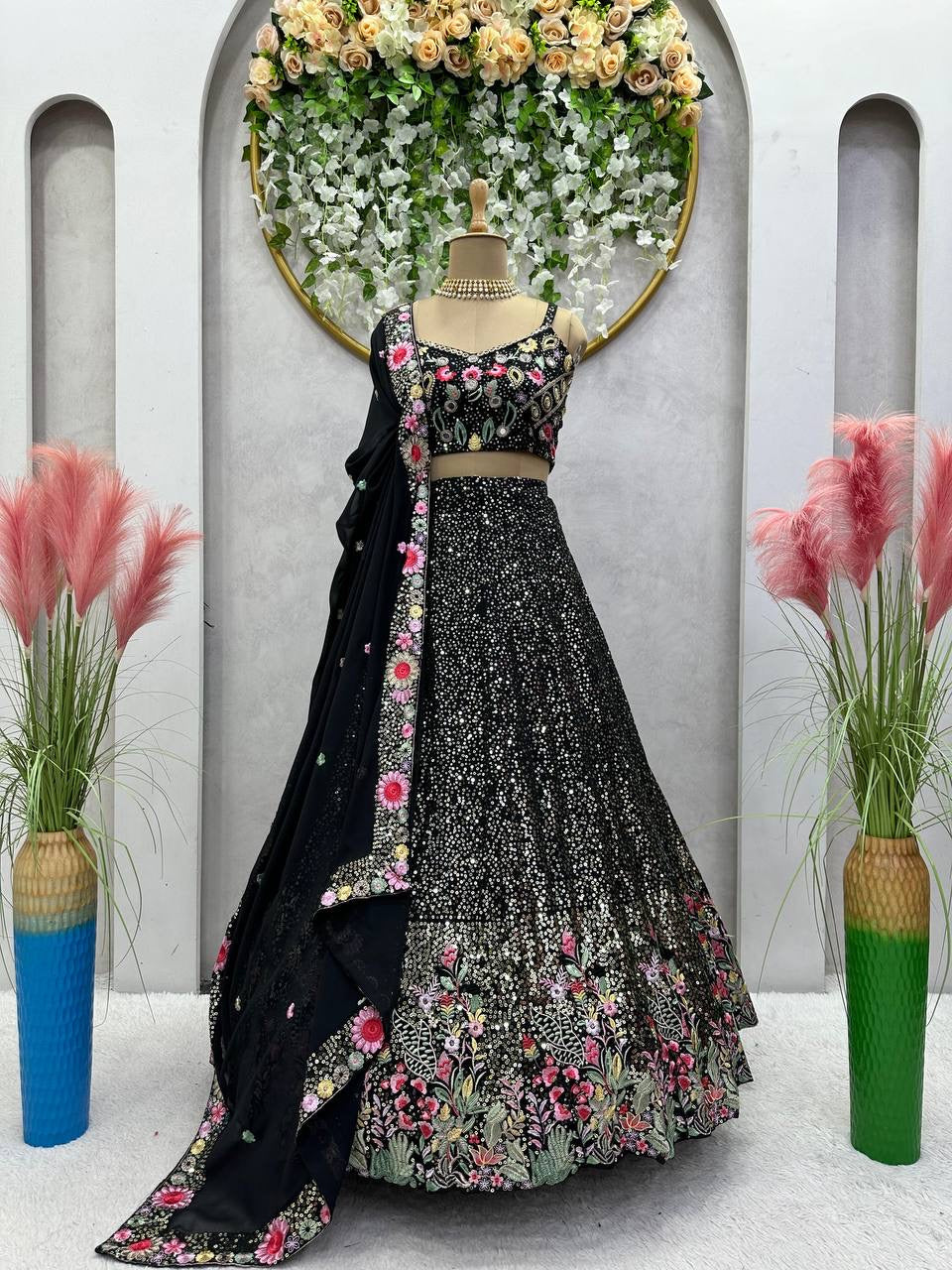 Boutique style Lehenga - black sparkly and multicoloured florals