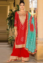 Red chinon palazzo suit bandhani print (plus size too up to 48”) (gurudwara wedding)