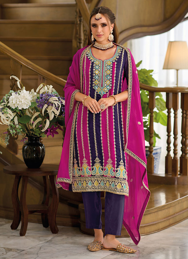 Jasmine - thread embroidered salwaar suits in pink and purple