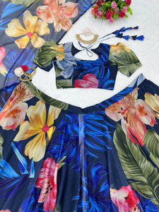 Tabby silk blue organza printed Lehenga