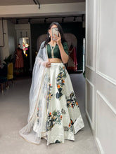 Indo western style - White zari satin digital print Lehenga (dark green blouse piece)