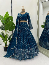 Blue flary thread work Lehenga (long sleeves + plus size)