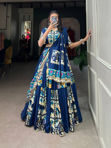 Rayon and printed silk Lehenga choli in navy blue - readymade