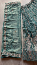 Turquoise chiffon zari embroidered lehenga
