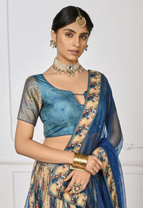 Beige and baby blue  peacock print silk timeless ethnic Lehenga