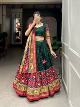 Tussar silk lehengas with bandhej and patola print (skirt stitched) - green