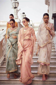 Sabyasachi inspired pure organza saree - sage green, yellow, peach and white