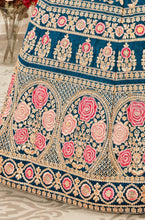 Blue silk with coral and pink floral Lehenga