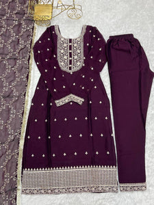 Wine rangoli silk straight fit salwaar kameez readymade