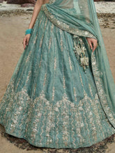 Turquoise chiffon zari embroidered lehenga
