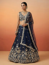 Dark blue tissue embroidered lehenga