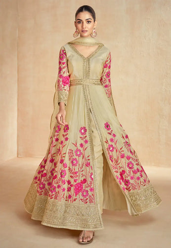 Beige gold center slit floral silk anarkali
