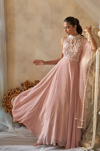 Nude pink halter neck pearl gown