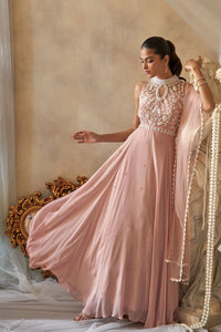 Nude pink halter neck pearl gown