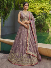 Mauve tissue embroidered lehenga