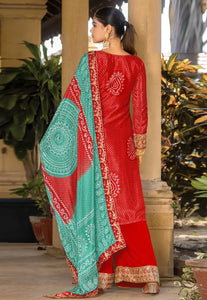 Red chinon palazzo suit bandhani print (plus size too up to 48”) (gurudwara wedding)